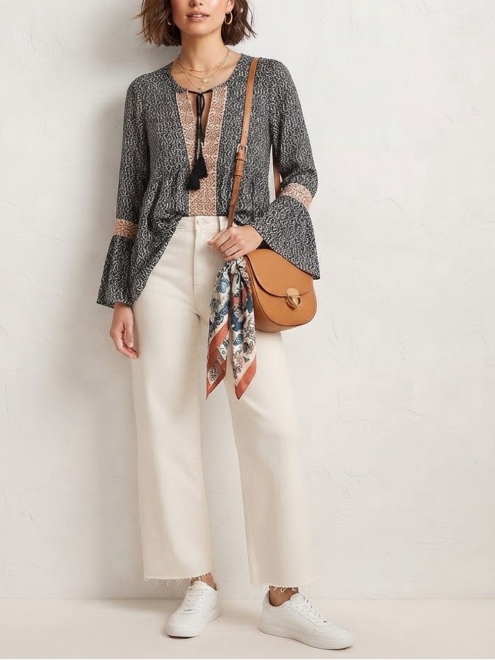 Anama Black & Cream Printed Open Front Cardigan with Tassel